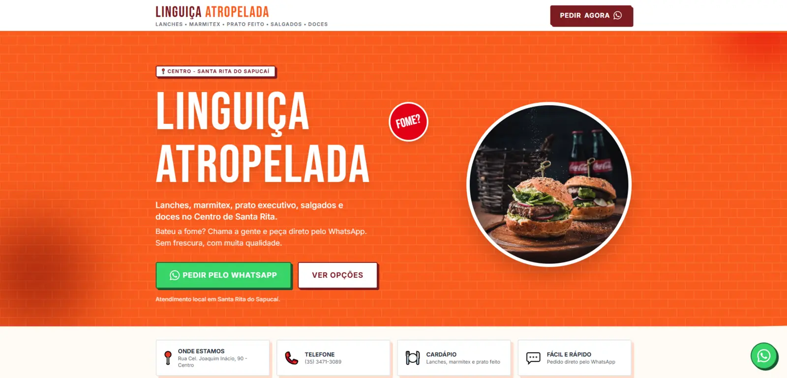 Tela inicial do site Linguiça Atropelada em computador